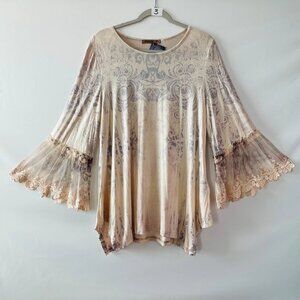 NWT Origami Womens Beige Crochet Lace Bell Sleeve Paisley Blouse Top Size XL/2XL